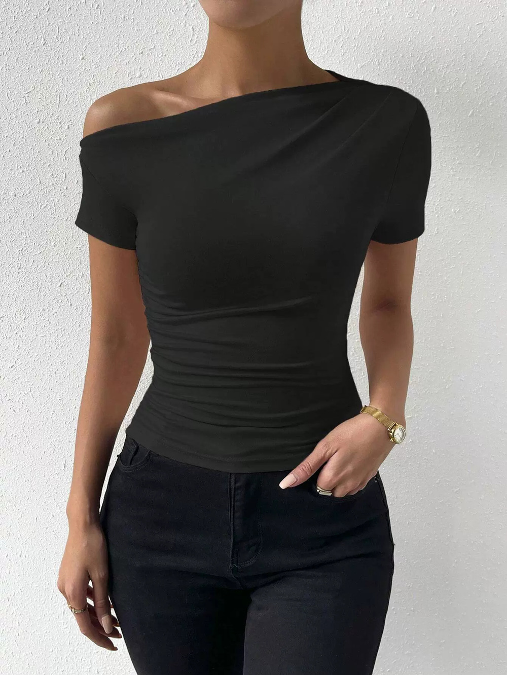 ZARA Sexy Slant Neck Short Sleeve Tee Summer Slim Fit Solid Color Top